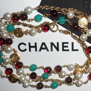 Vintage Chanel Red,Green Pearl Logo Charm Necklace